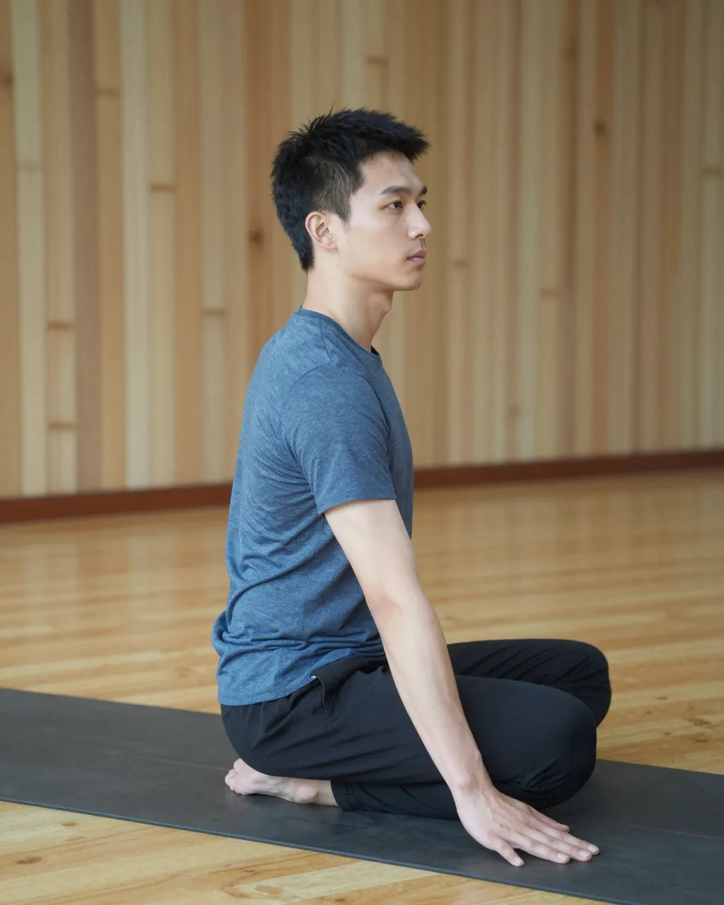 Side view of a young East Asian man sitting on a yoga mat in a wood paneled studio