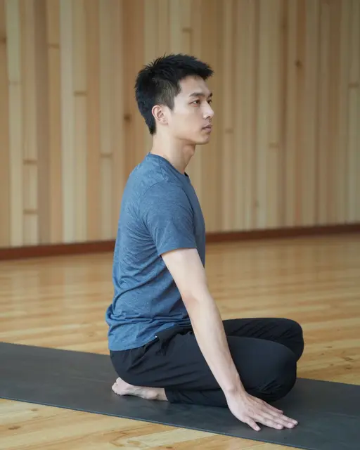 Side view of a young East Asian man sitting on a yoga mat in a wood paneled studio