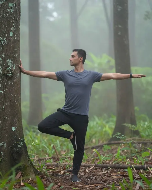 A man holds a yoga tree pose in a foggy, misty forest clearing beside a tree