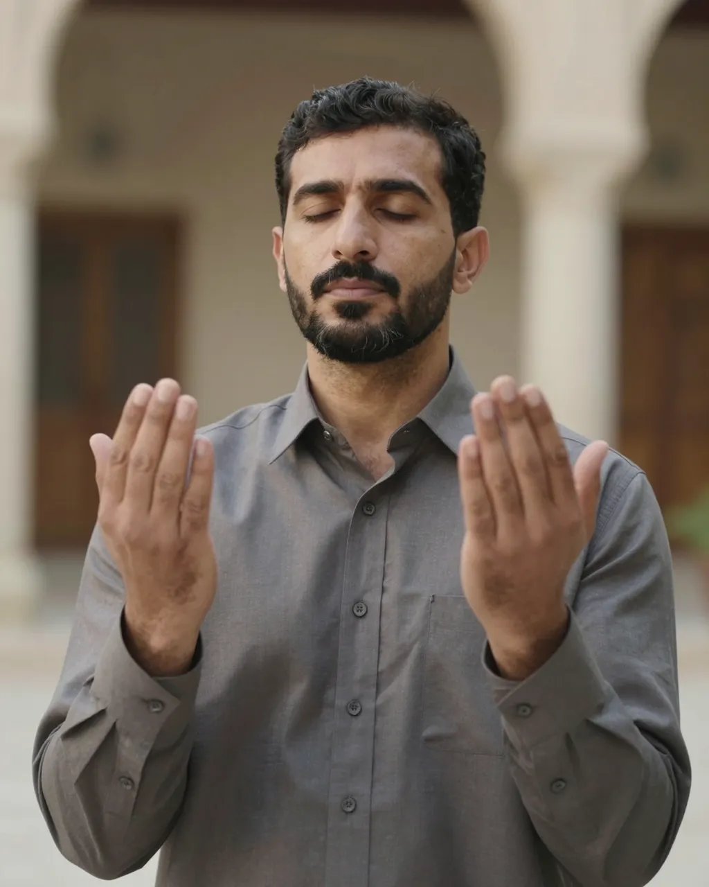 Middle Eastern man in his forties holds open raised palms with closed eyes while praying in a soft lit courtyard