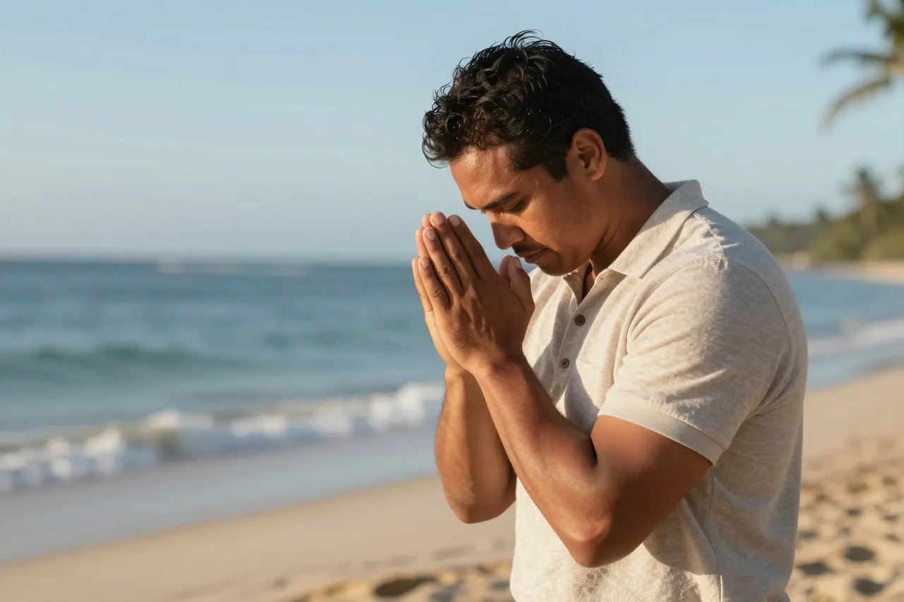 A Pacific Islander man in his thirties stands bowed with palms together praying on a sandy beach at sunrise