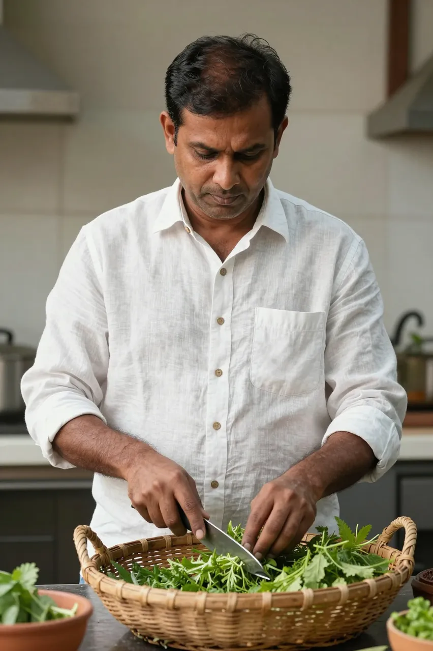 A South Asian man in a plain linen shirt cuts leafy greens into a wicker basket in a kitchen