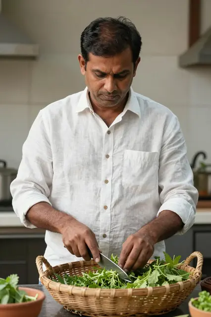 A South Asian man in a plain linen shirt cuts leafy greens into a wicker basket in a kitchen