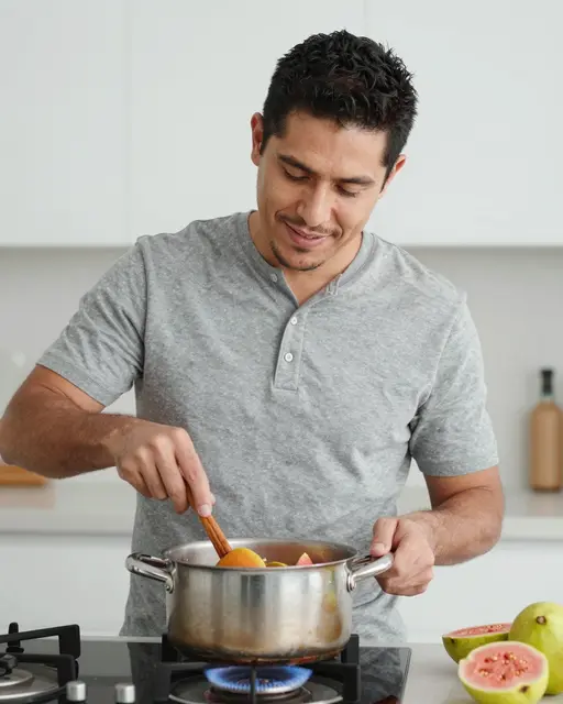 Latino man stirring a stainless steel pot of fruit on a gas stovetop in a bright modern kitchen
