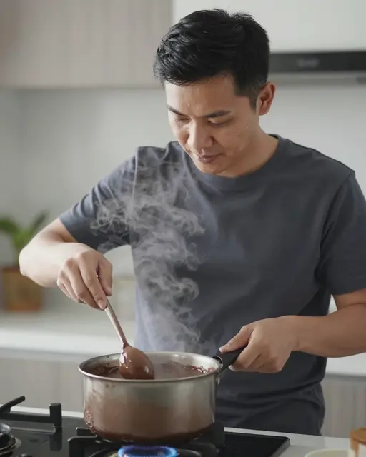 A Southeast Asian man in his thirties stirs steaming hot chocolate in a saucepan on a gas stovetop in a kitchen.