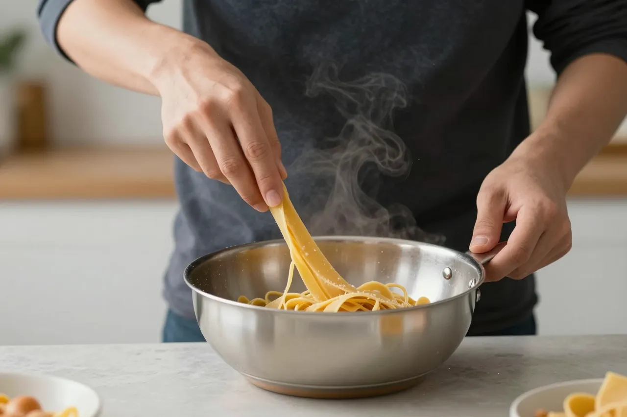 An unrecognizable man handles fresh pasta in a steaming stainless steel pan on a kitchen counter.