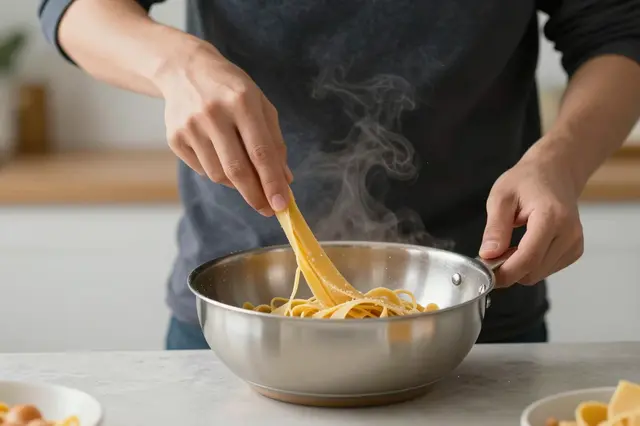 An unrecognizable man handles fresh pasta in a steaming stainless steel pan on a kitchen counter.