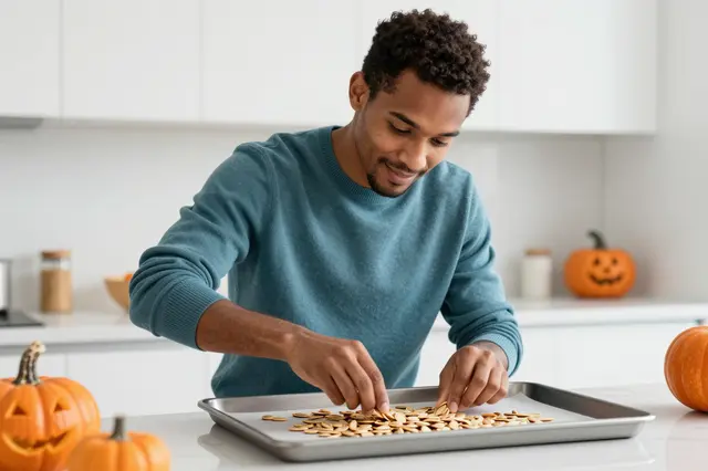 Mixed-race man in a teal sweater arranges pumpkin seeds on a baking tray in a bright Halloween kitchen