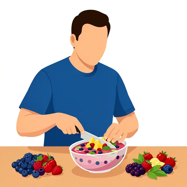 A faceless man slices fresh fruit into a smoothie bowl surrounded by berries on a table