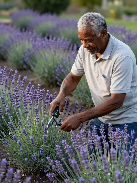 A senior mixed-race man uses pruning shears to tend flowering lavender bushes in late summer light