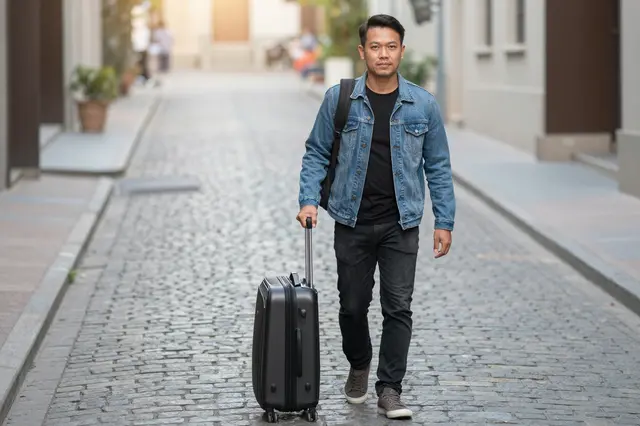 Southeast Asian man in a denim jacket pulls a rolling suitcase along a cobbled residential street at dawn.