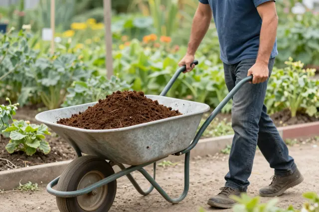 A partially seen adult man pushes a wheelbarrow full of compost along a garden path