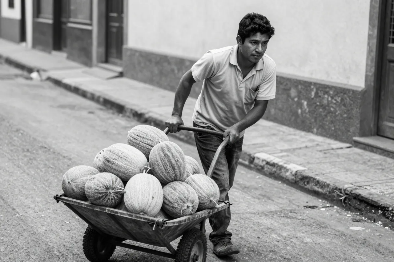 Black and white photo of a Latino man in his thirties pushing a handcart full of melons up a sloped residential street.