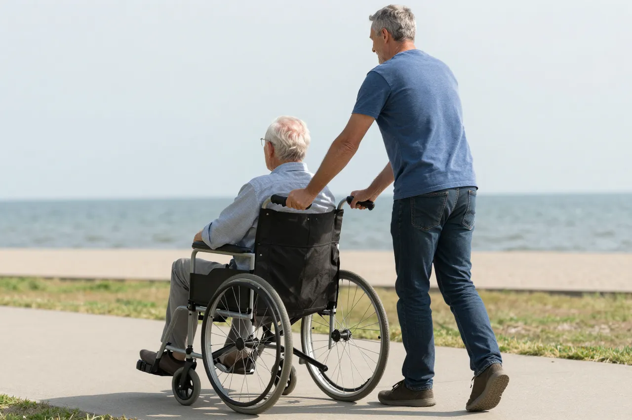 A middle aged man pushes an elderly man in a wheelchair along a paved seaside path