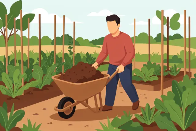 Faceless man pushes a soil-filled wheelbarrow along a path through a vegetable garden