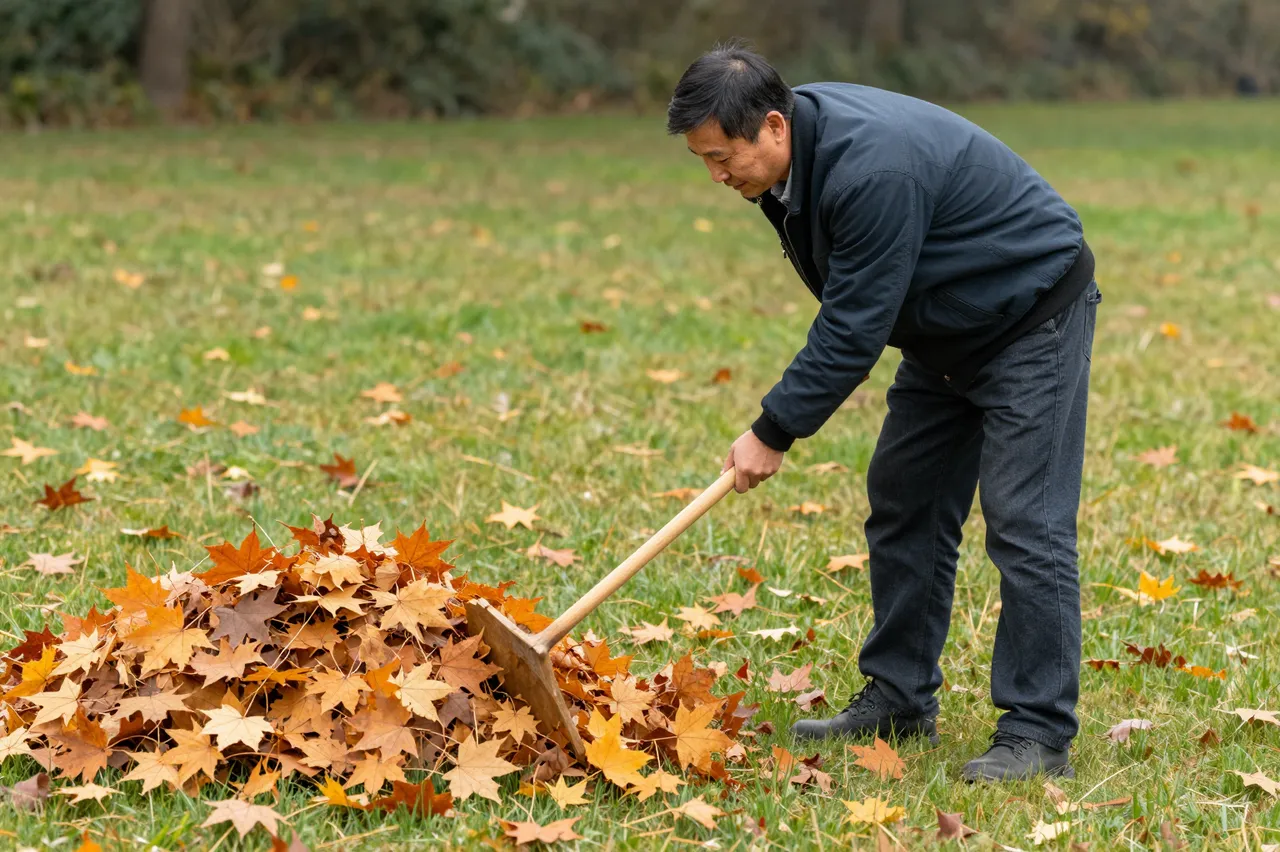 East Asian man raking orange maple leaves into a pile on a grassy lawn in fall