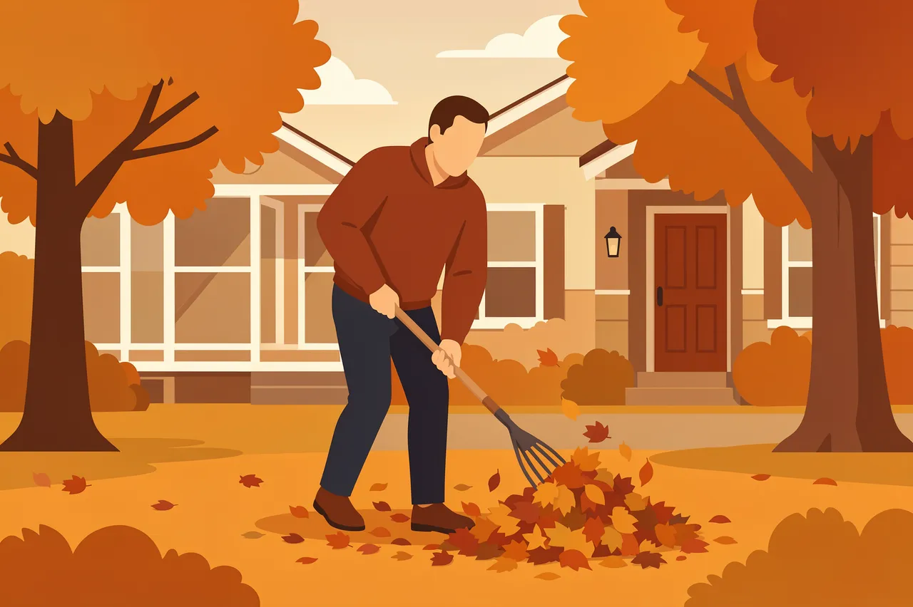 Faceless adult rakes a pile of fall leaves in a suburban front yard beside an autumn home