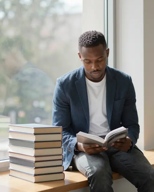 A Black man in his late twenties reads an open book seated on a sunny library window seat beside a stack of closed books.
