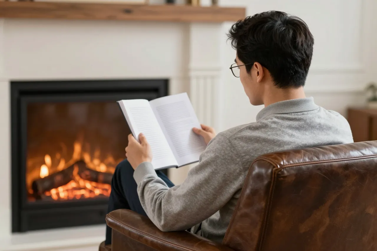 Back view of a man seated in a leather armchair reading a book next to a lit fireplace