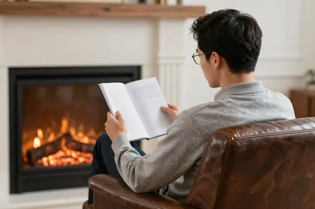 Back view of a man seated in a leather armchair reading a book next to a lit fireplace