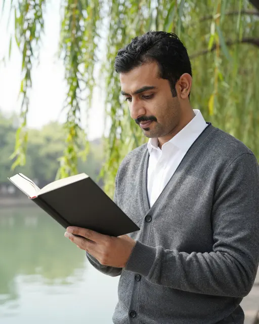 Middle Eastern man in a gray cardigan reads an open book beside a calm pond under willow branches
