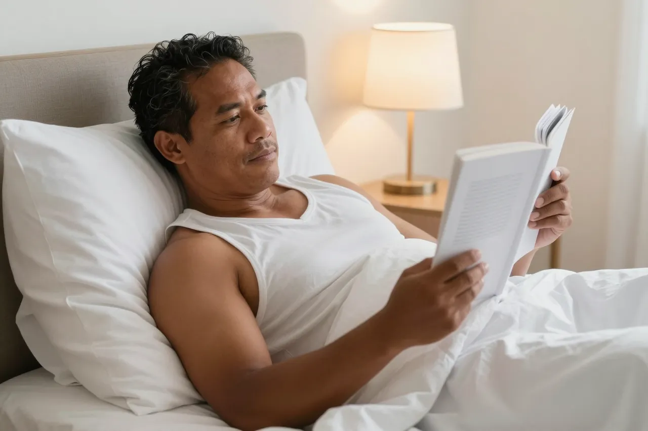 A Pacific Islander man in his thirties reads a propped-up book in bed beside a warm glowing bedside lamp.