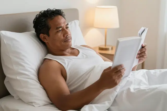 A Pacific Islander man in his thirties reads a propped-up book in bed beside a warm glowing bedside lamp.