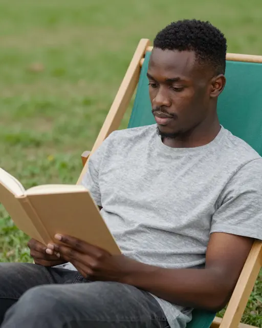 A Black man in a plain gray t-shirt sits in a green park deck chair reading an open book outdoors.
