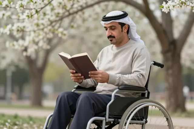 A Middle Eastern man in a wheelchair reads a book under blossoming park trees