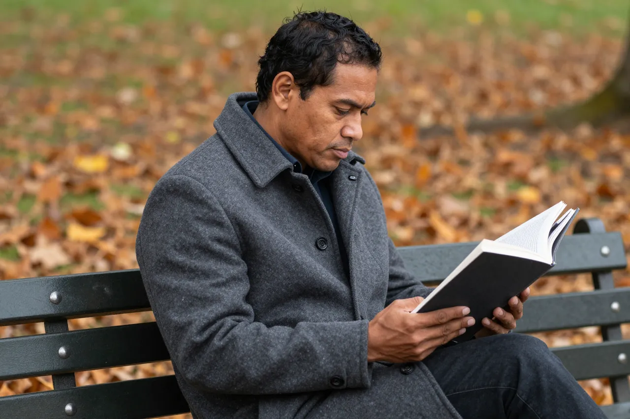 A Pacific Islander man in a wool coat sits on a park bench reading an open book amid fallen autumn leaves.