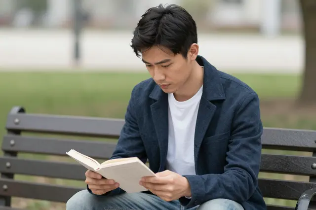 A man in his thirties sits on a park bench holding and reading an open book