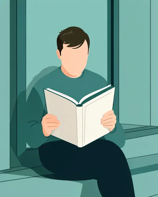 Faceless adult man sits on a teal window seat holding an open blank book to read