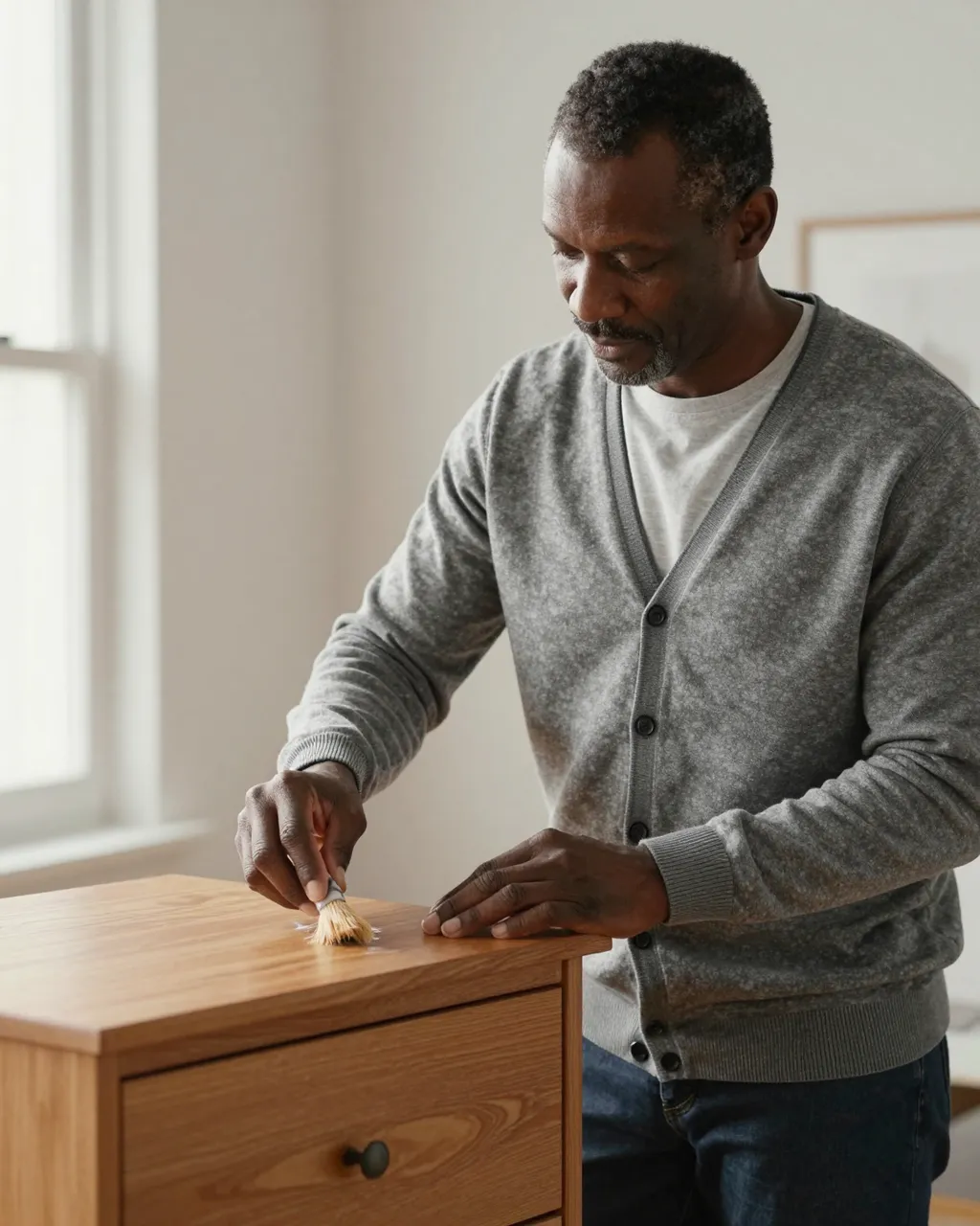 A middle-aged Black man applies varnish to a small wooden dresser in a sunlit room with a small paintbrush.
