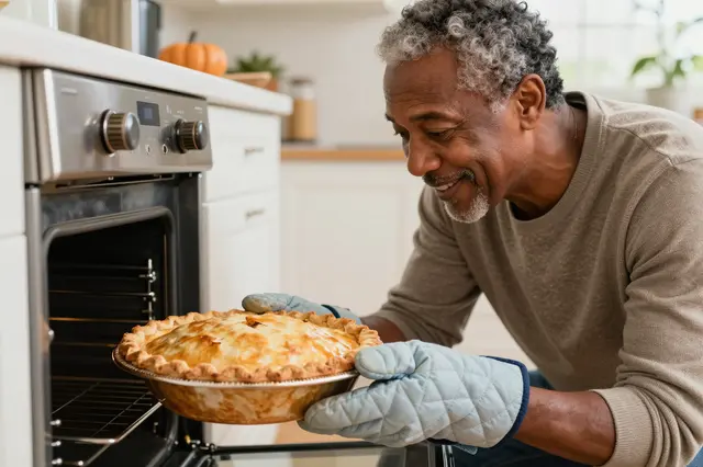 A mixed-race man in his fifties uses quilted oven mitts to lift a golden baked pie from a home oven on Thanksgiving morning.