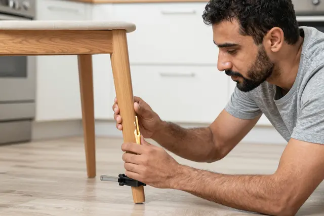 A Middle Eastern man fixes a wobbly chair leg with a clamp on a kitchen floor.