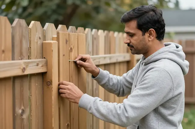 Side view of a South Asian man in a gray hoodie repairing a wooden picket fence in a backyard