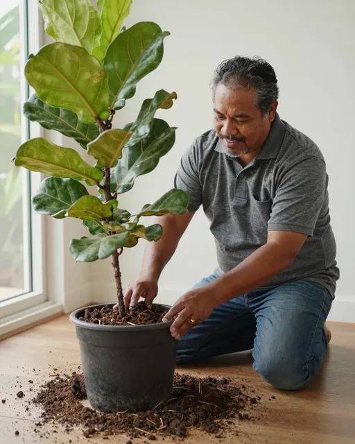 A middle-aged Pacific Islander man kneels on a sunroom floor repotting a fiddle leaf fig plant with spilled soil around the