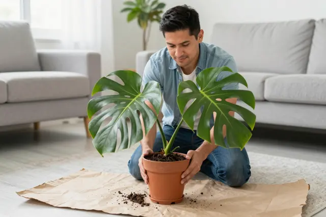 A man kneels on a living room floor holding a terracotta potted monstera plant on brown craft paper.