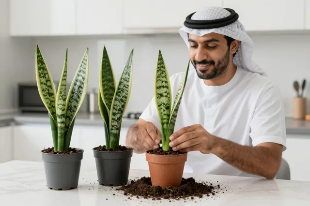 Middle Eastern man tends to potted snake plants on a bright kitchen table with scattered potting soil.