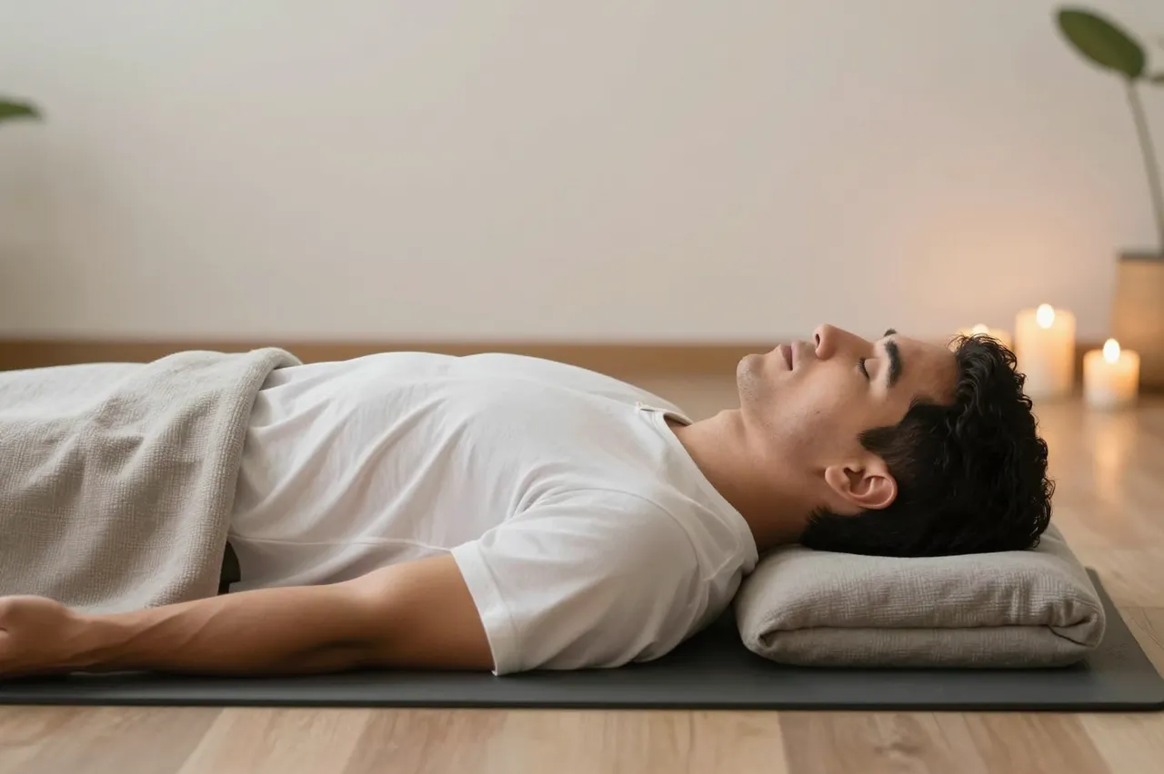 A man in his thirties lies on a yoga mat in savasana, covered with a blanket in a candlelit studio