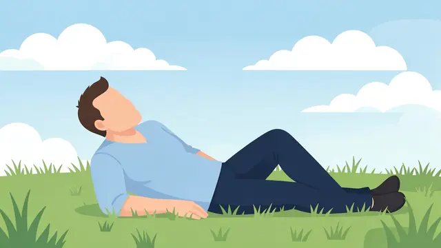 A faceless man reclines on green grass looking up at fluffy clouds in a pale blue sky