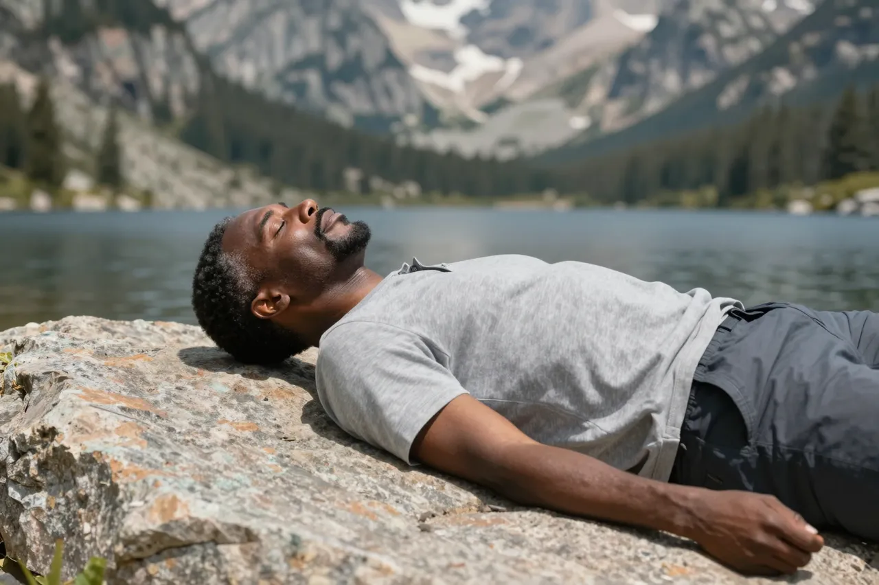 A Black man in his fifties lies relaxed with eyes closed on a sun-warmed rock beside a mountain lake