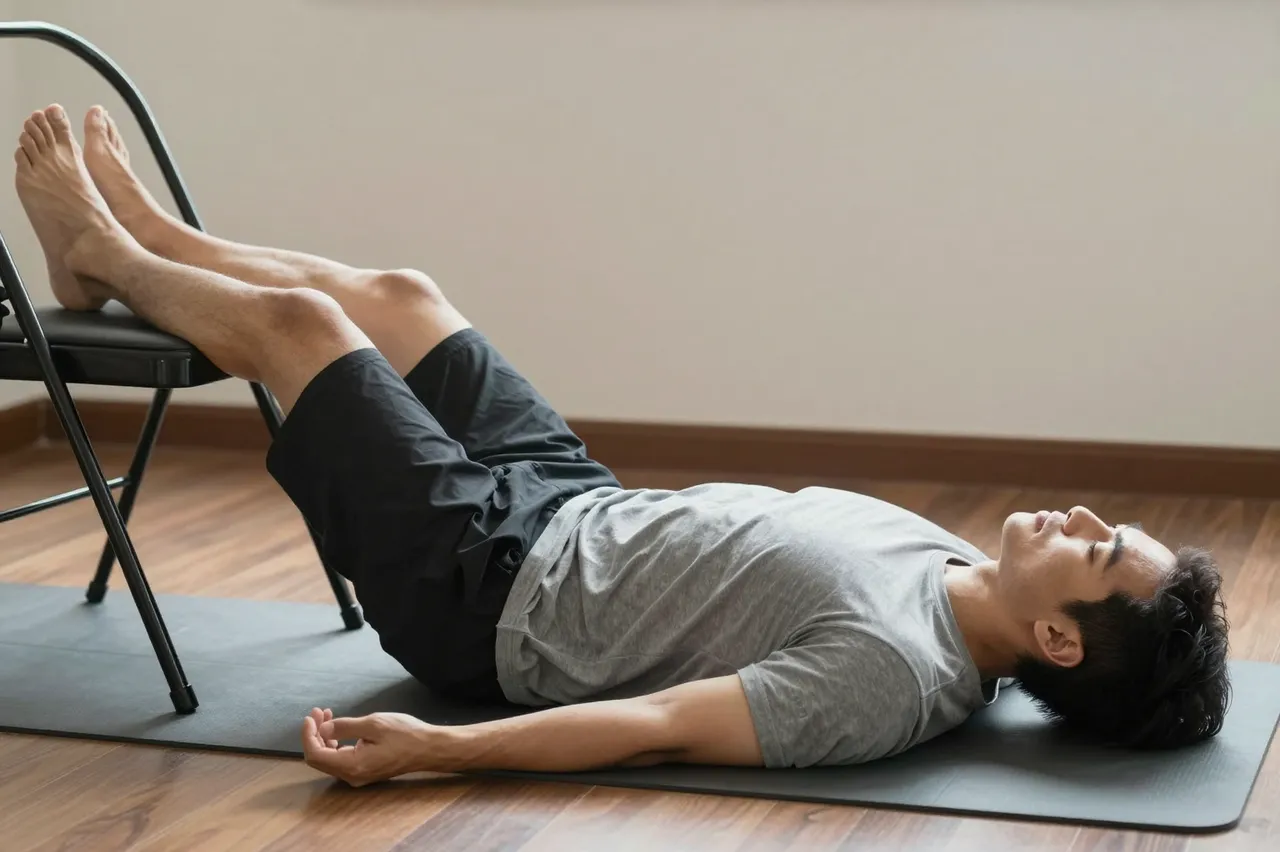 A Southeast Asian man lies on a yoga mat with his legs propped on a chair, relaxing with eyes closed