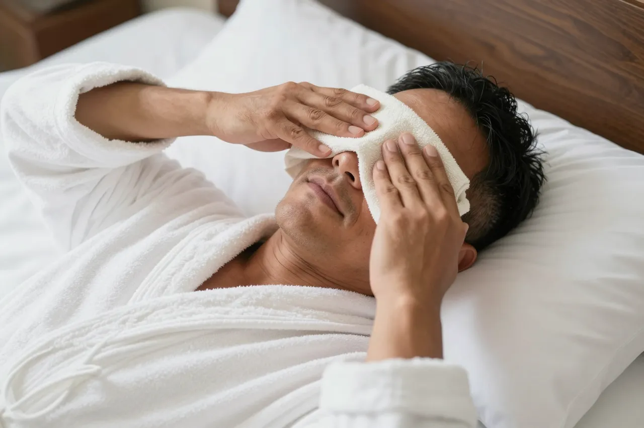 A middle aged man in a white bathrobe lies in bed holding a folded towel over his eyes.