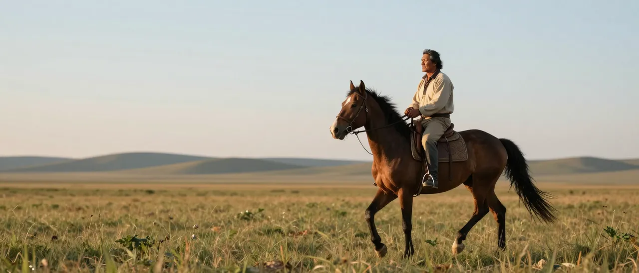 A middle aged man rides a brown horse across open grassland beneath a soft dawn sky