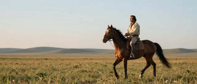 A middle aged man rides a brown horse across open grassland beneath a soft dawn sky