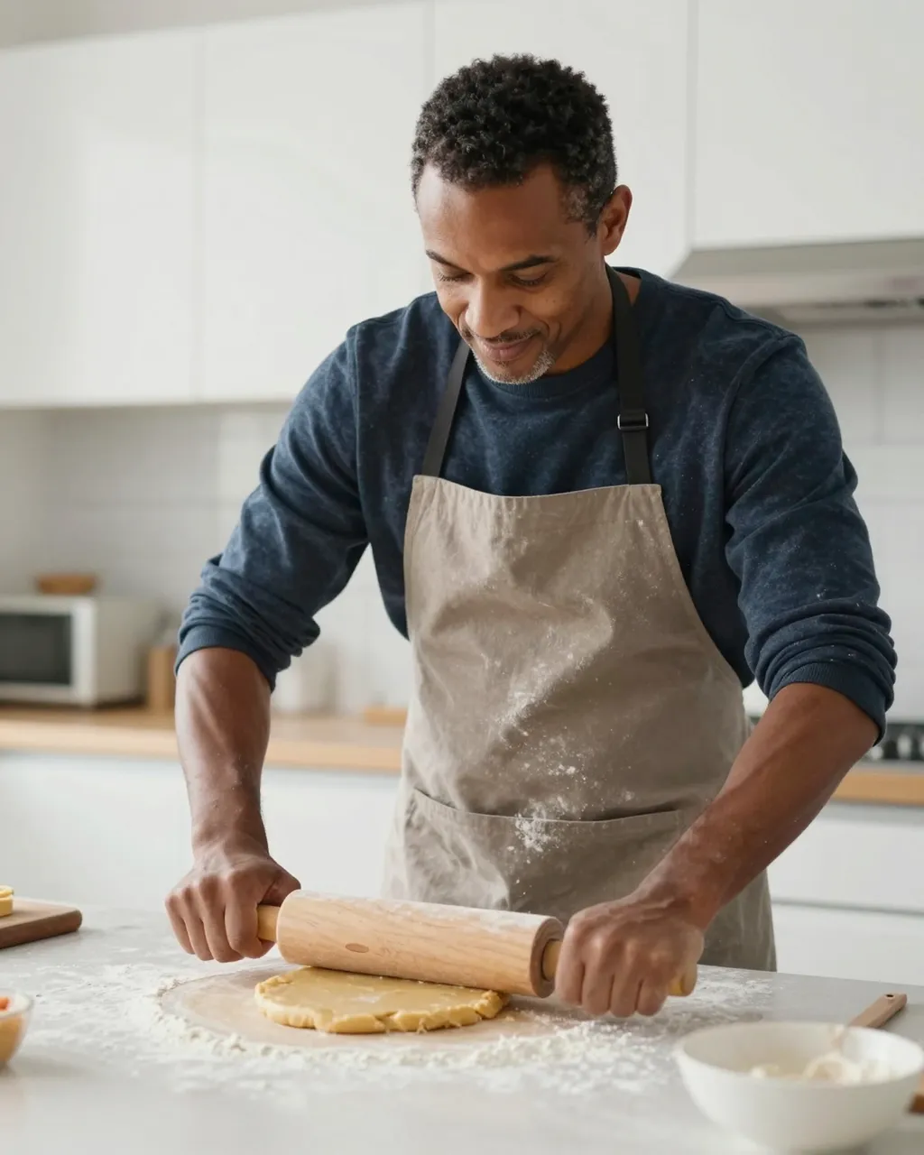 A mixed-race man in an apron rolls out cookie dough with a wooden rolling pin in a bright kitchen
