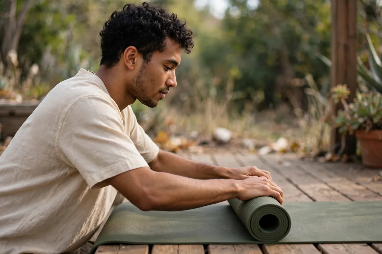 Side view of a mixed-race man rolling a green yoga mat on a wooden backyard deck