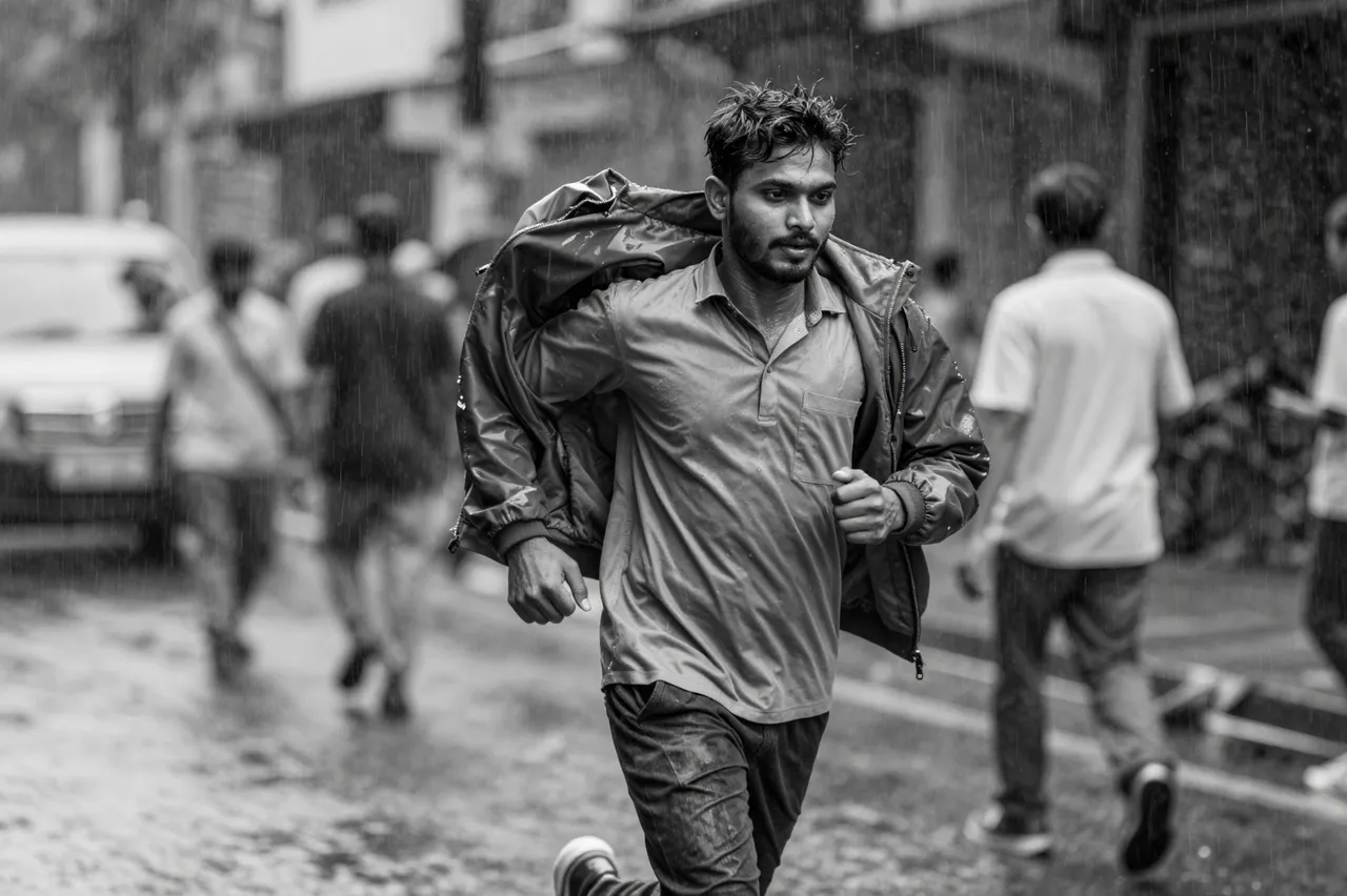 Black and white photograph of a South Asian man running through a rainy city street with a jacket draped over his shoulders
