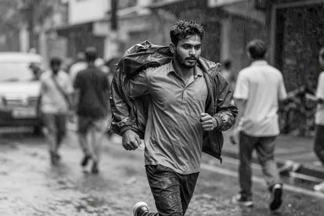 Black and white photograph of a South Asian man running through a rainy city street with a jacket draped over his shoulders
